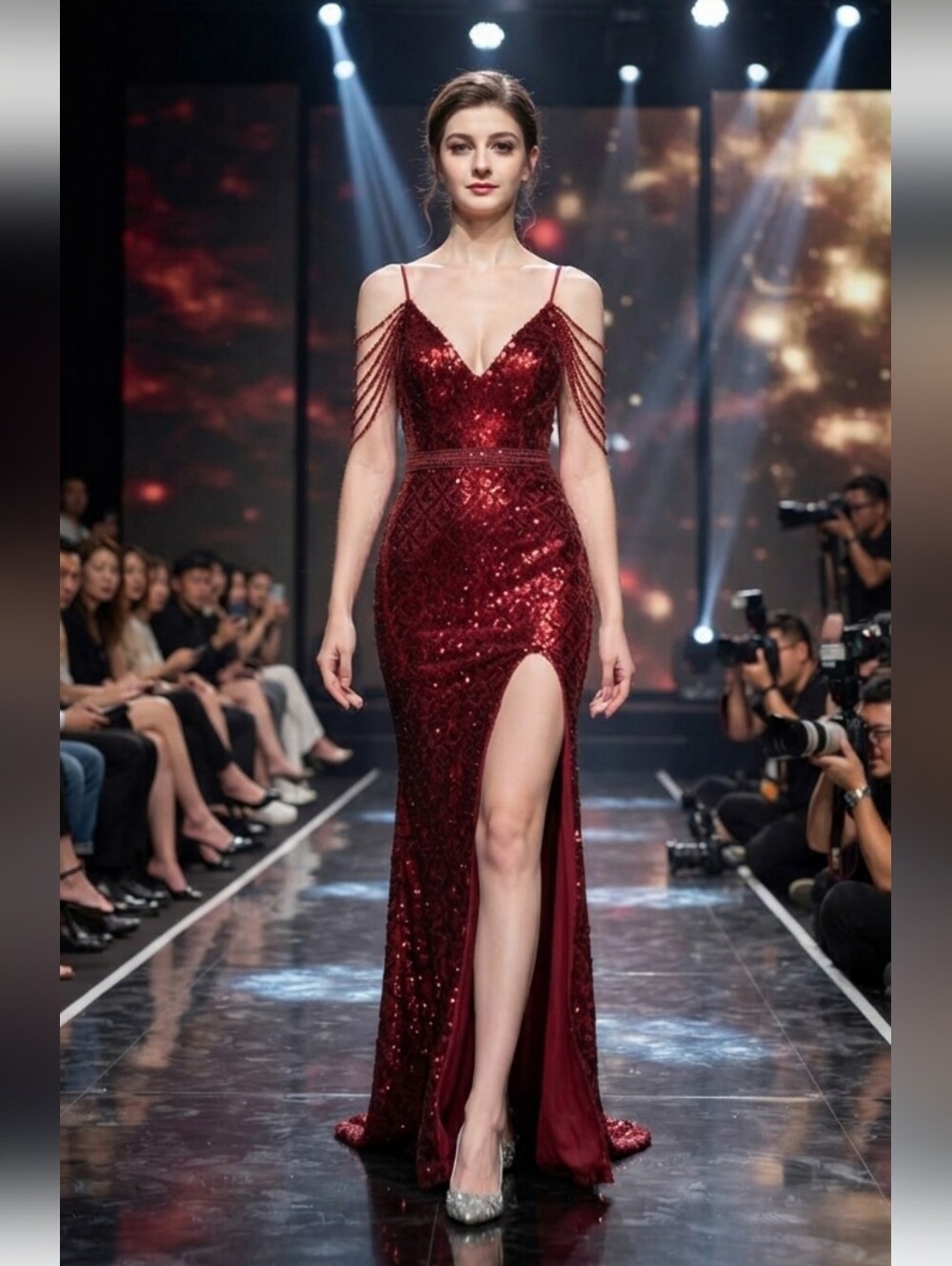 Elegant Burgundy Sequin Cold-Shoulder Evening Dress